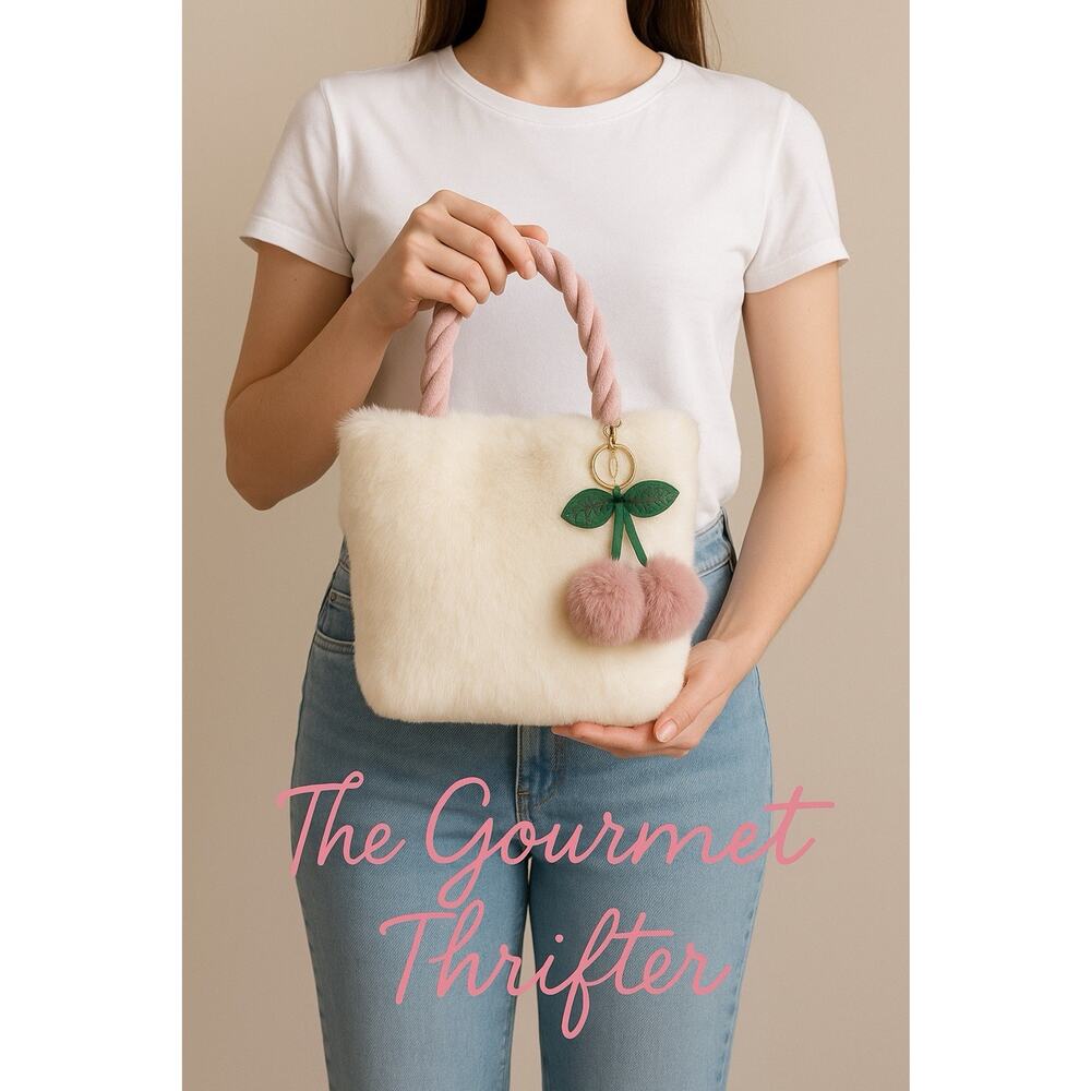 White Plush Faux-Fur Tote Bag with Cherry Bow & Closure Travel Handbag